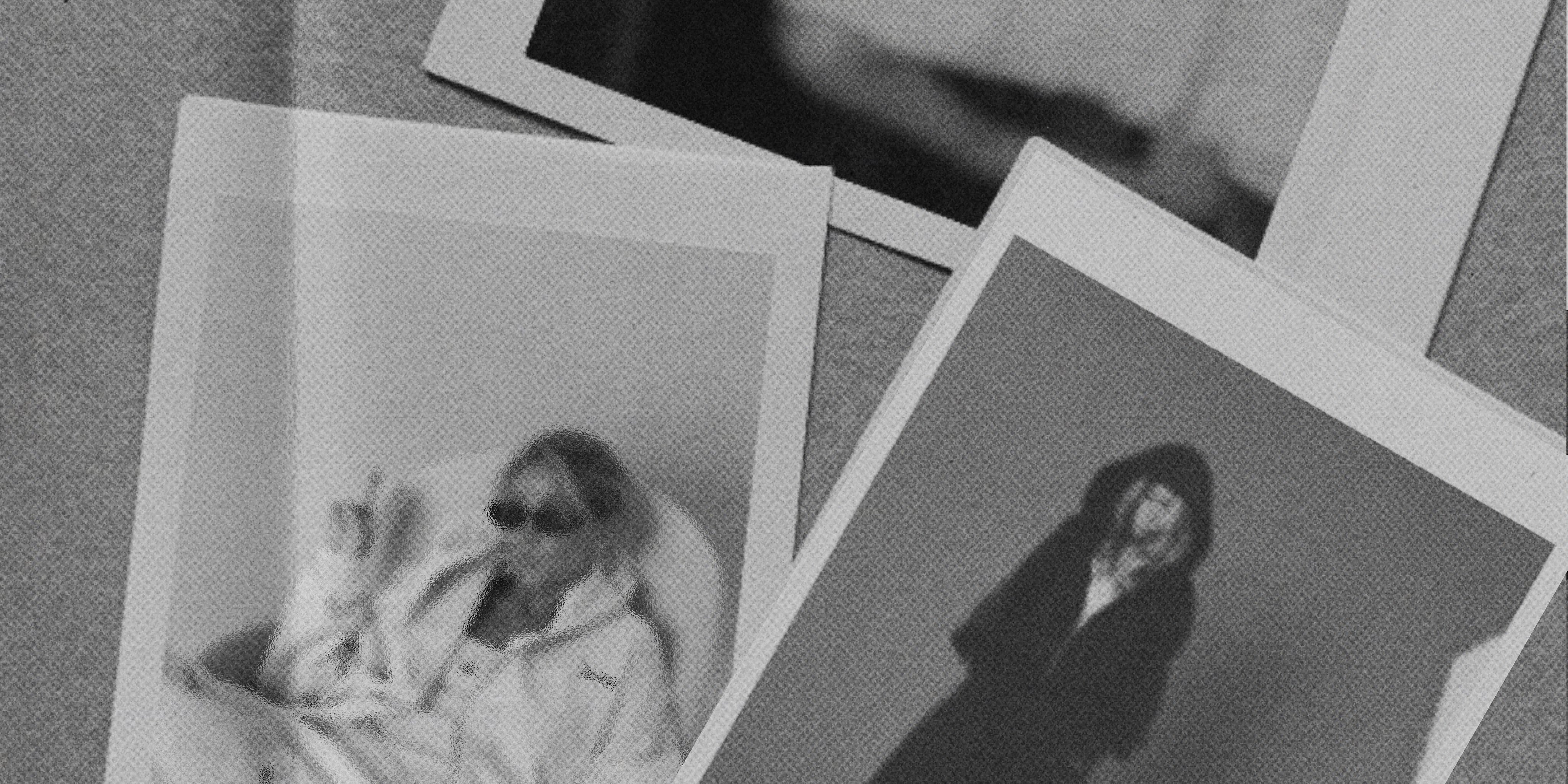 Black and white photos of people on a textured surface