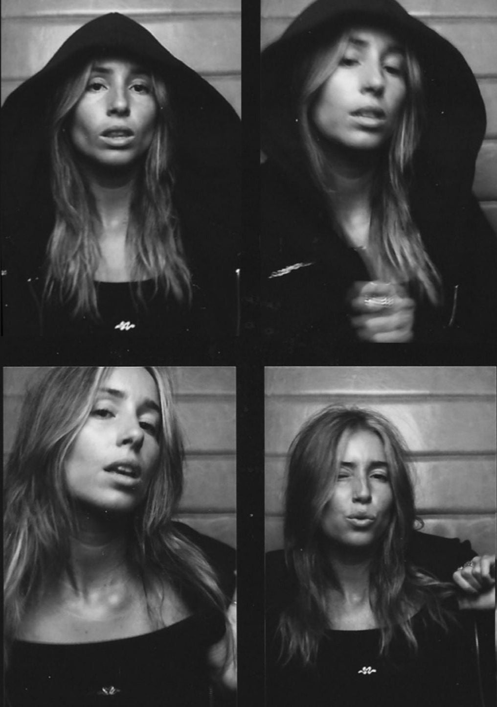 Black and white photo grid of a person wearing a hooded jacket.